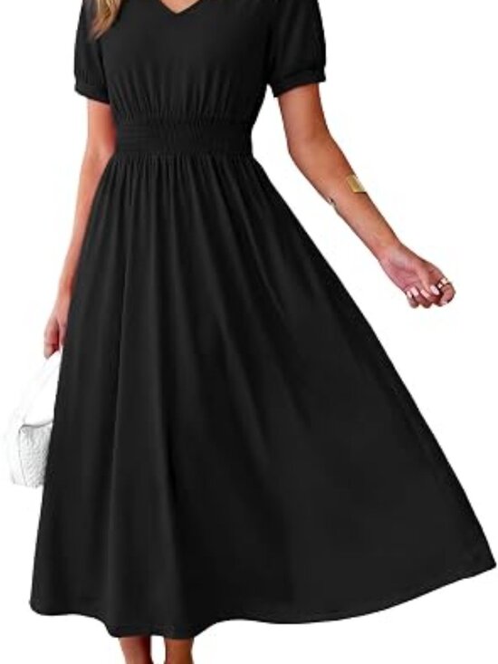 branded Dresses & Skirts - Maxi Dresses for Women V Neck Ladies Midi Long Dress A Line Smocked Waisted Casu